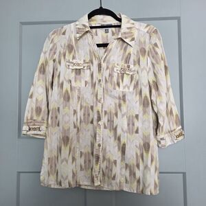 JM Collection 100% Linen Petite Button Up Blouse Neutral Lightweight Top